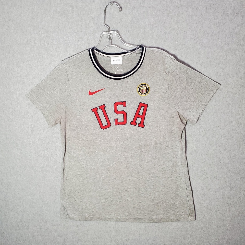 Nike Women Top Medium Gray T-Shirt Logo USA Olympic Embroidered‎ Short Sleeve